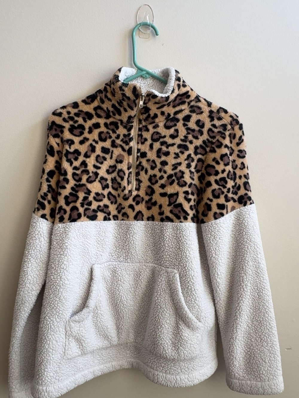 Womens Leopard Sherpa Half-Zip Pullover Jacket - Cream & Brown